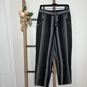 Anthropologie Cropped Drawstring‎ Black White Striped Pants Size Small